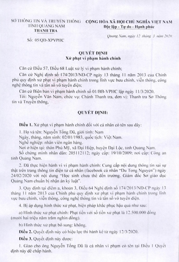 quang nam mot nhan vien ngan hang bi xu phat 125 trieu dong vi tung tin gia