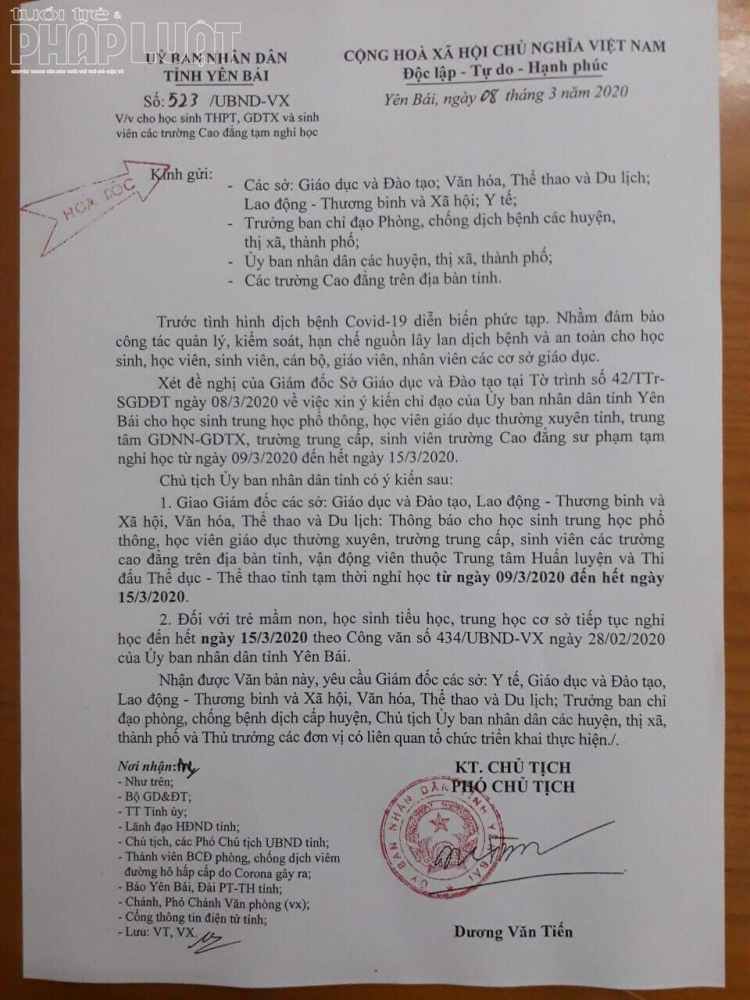 hoc sinh cac cap hoc o yen bai duoc nghi hoc den het 153 de tranh dich sars cov 2