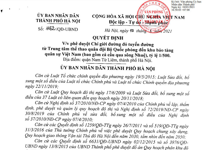 Hà Nội phê duyệt chỉ giới tuyến đường qua sông Nhuệ tại quận Nam Từ Liêm