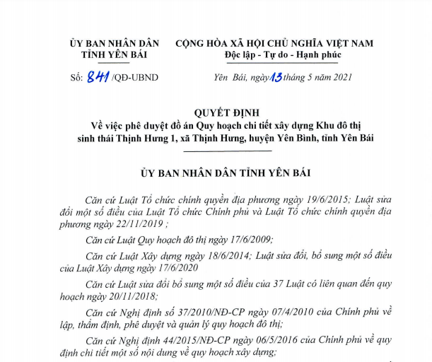 Yên Bái: Phê duyệt quy hoạch Khu đô thị sinh thái Thịnh Hưng 1 có biệt thự, nhà vườn