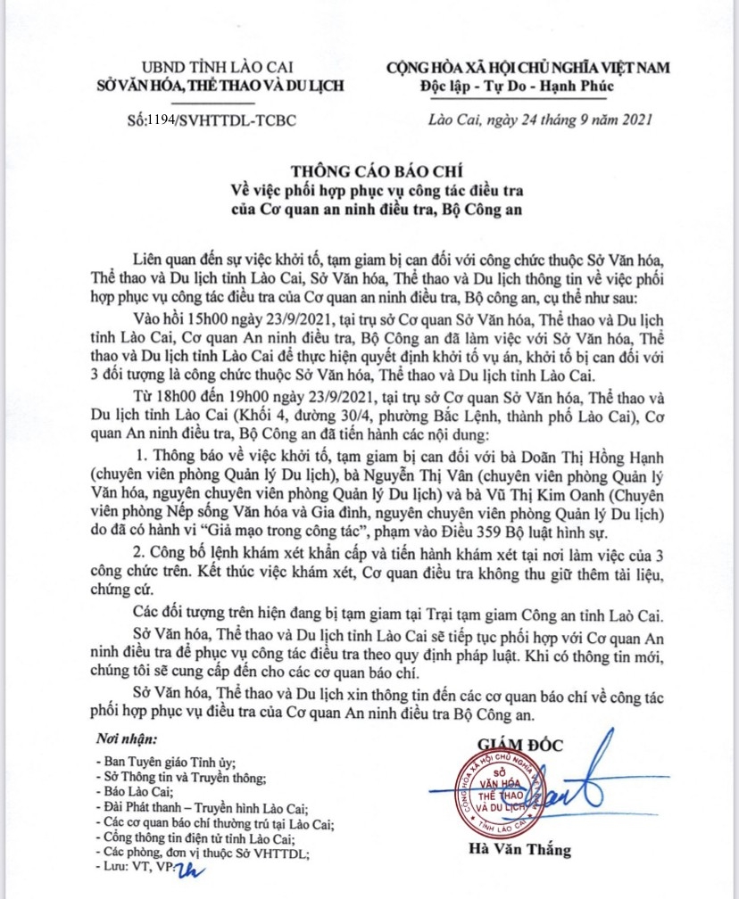 Bắt giam ba công chức Sở Văn hóa Thể thao và Du lịch tỉnh Lào Cai