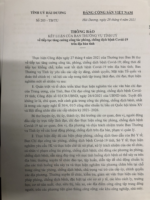 Ban Thường vụ Tinh ủy Hải Dương yêu cầu tăng cường các biện pháp phòng, chống dịch bệnh COVD 19