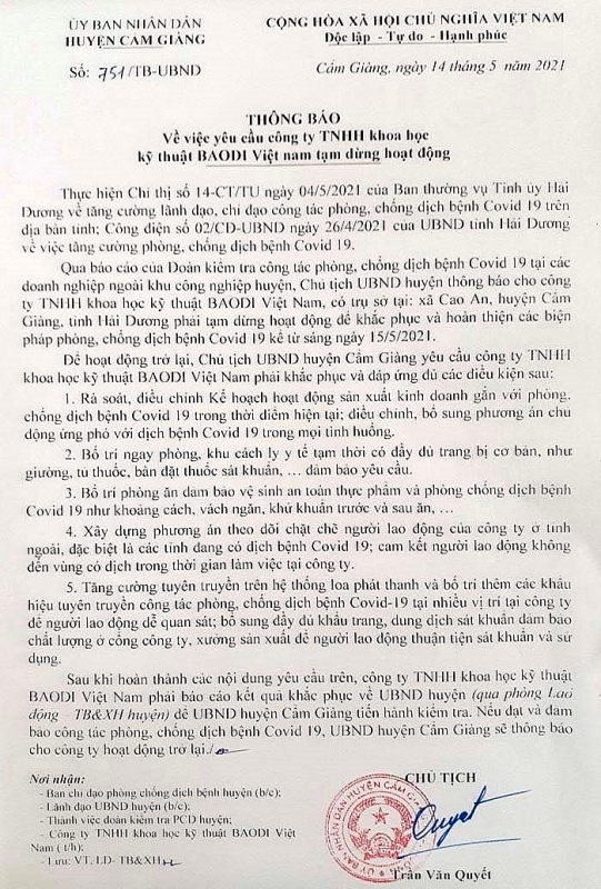 Cẩm Giàng (Hải Dương): Tạm dừng hoạt động 2 doanh nghiệp chưa có kế hoạch phòng chống dịch bệnh