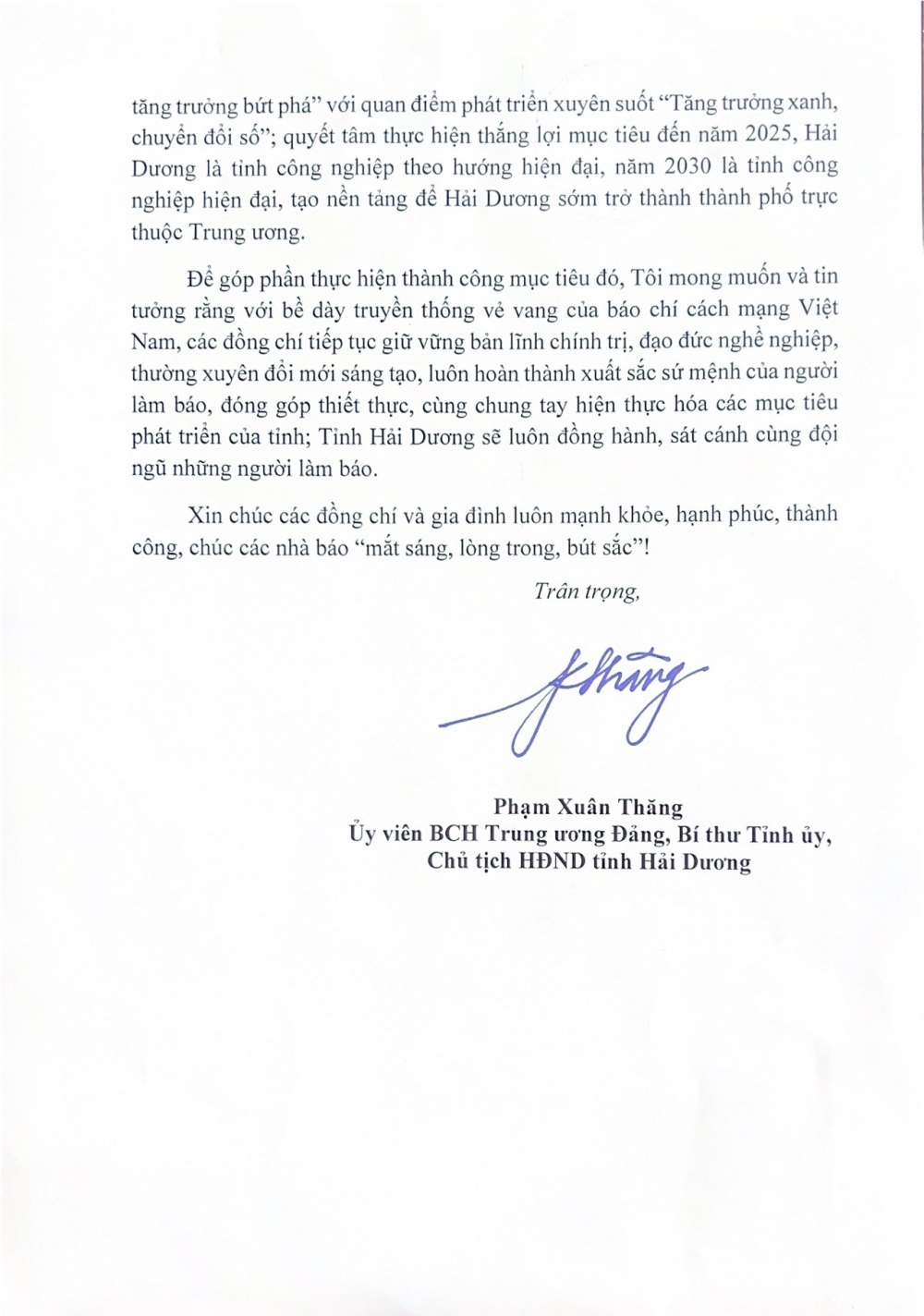 Bí thư Tỉnh ủy Hải Dương gửi thư chúc mừng nhân dịp kỷ niệm 97 năm Ngày Báo chí cách mạng Việt Nam