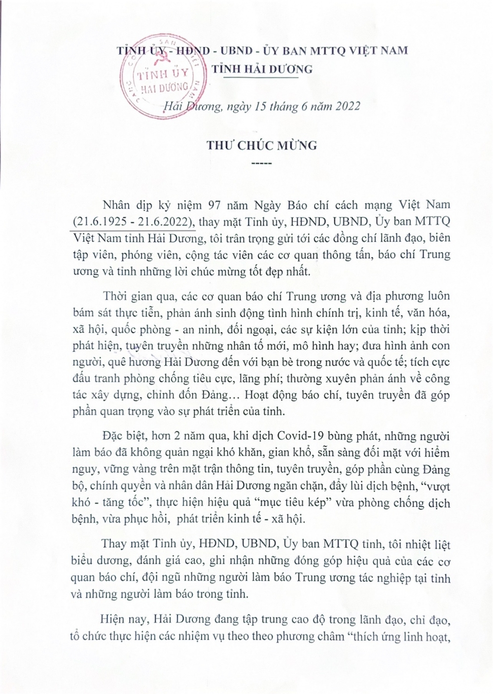 Bí thư Tỉnh ủy Hải Dương gửi thư chúc mừng nhân dịp kỷ niệm 97 năm Ngày Báo chí cách mạng Việt Nam