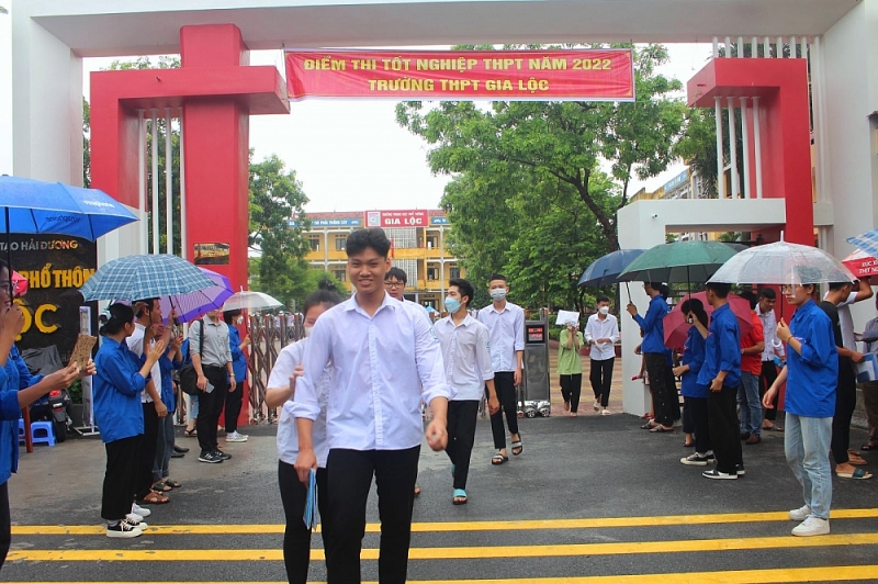 Những thí sinh đầu tiên ra về sau khi hoàn thành bài thi tổ hợp tại điểm thi Trường THPT Gia Lộc, Huyện Gia Lộc
