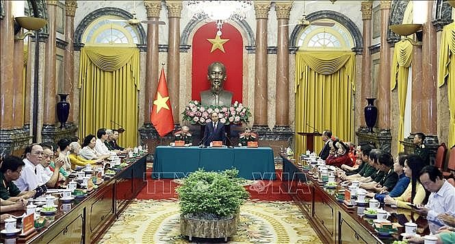 Chủ tịch nước Nguyễn Xuân Phúc phát biểu tại buổi gặp. Ảnh: Thống Nhất/TTXVN