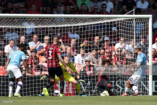 bournemouth 1 3 man city kun aguero lap cu dup man xanh leo len vi tri thu 2