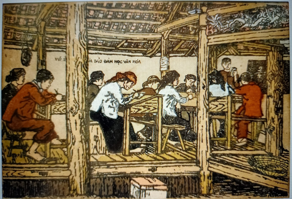 Lớp học bình dân, tranh khắc gỗ của Nguyễn Thế Vinh (1926 – 2022), sáng tác 1961, kích thước 22x32,5cm.