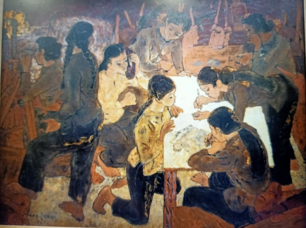 Dân quân gái Ngư Thủy, tranh sơn mài của Hoàng Trầm, sáng tác 1974, kích thước  98x120cm.