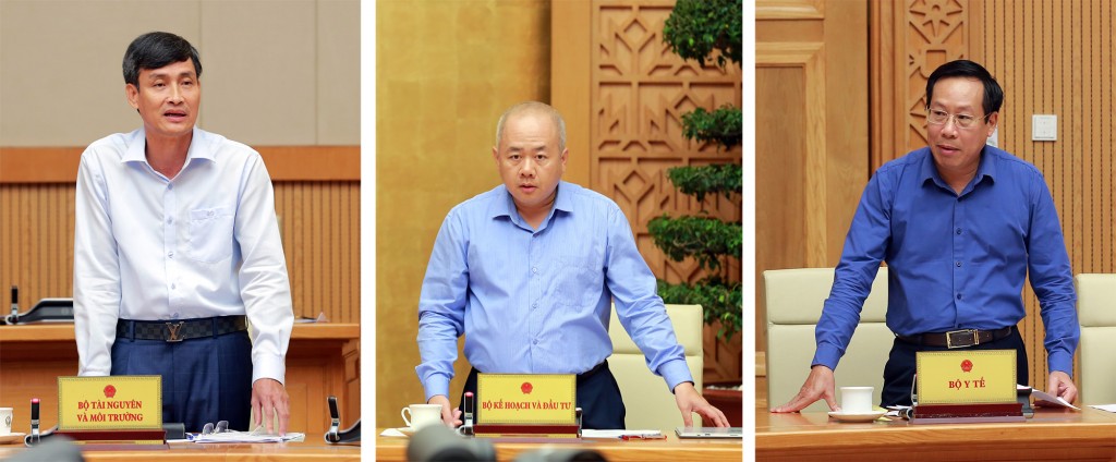 Lãnh đạo các bộ TN&amp;amp;MT, KH&amp;amp;ĐT, Y tế (từ trái qua phải) phát biểu tại cuộc họp - Ảnh: VGP/Minh Khôi
