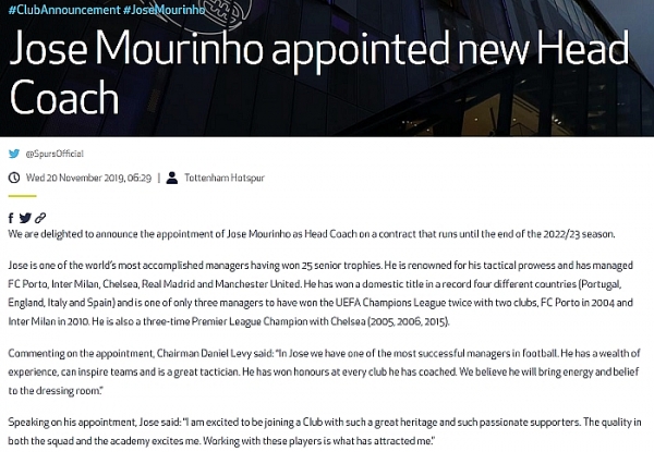 hlv jose mourinho chinh thuc dan dat tottenham