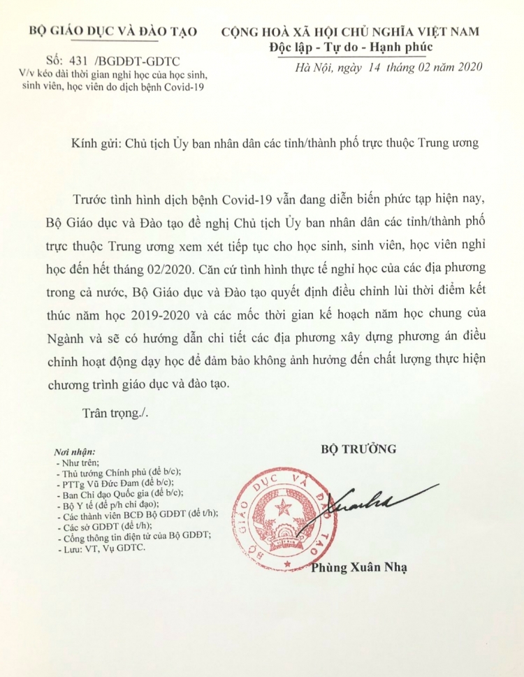 bo gddt ra cong van hoa toc de nghi tiep tuc cho hs sv nghi hoc het thang 22020