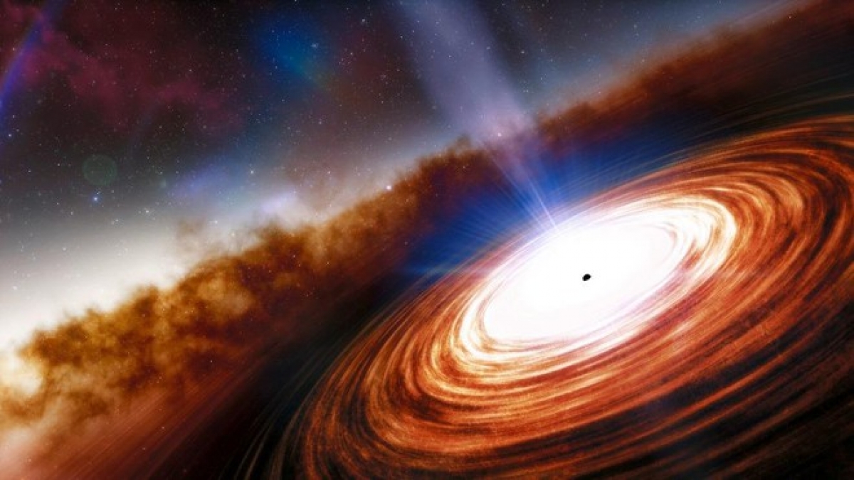 Mô phỏng chuẩn tinh J0313-1806 và siêu hố đen đằng sau. Ảnh: Arizona Daily Star