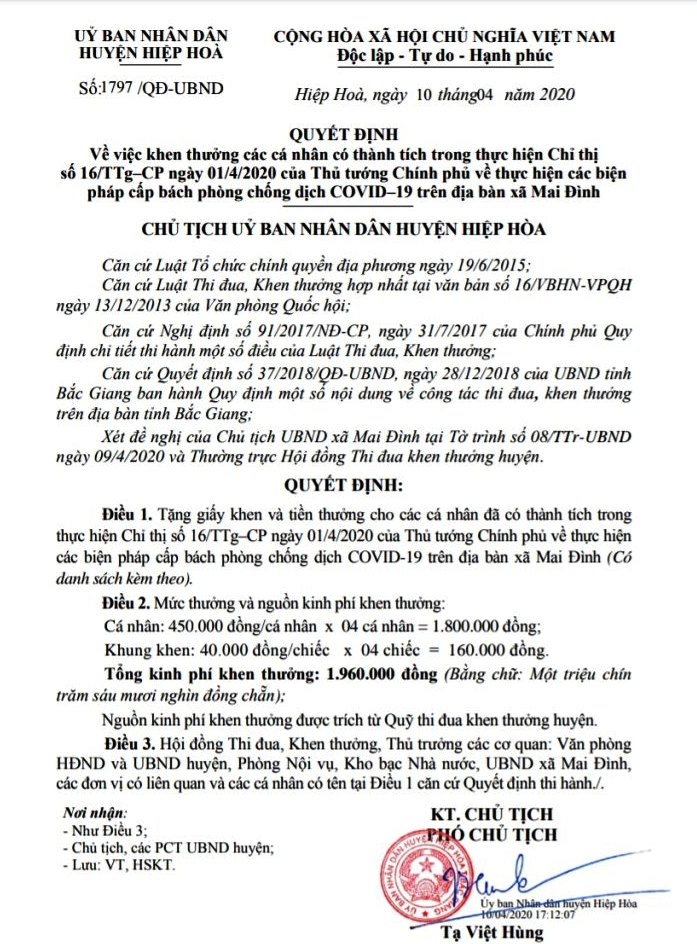 bac giang huyen hiep hoa thuong nong 4 ca nhan xuat sac trong cong tac phong chong dich covid 19