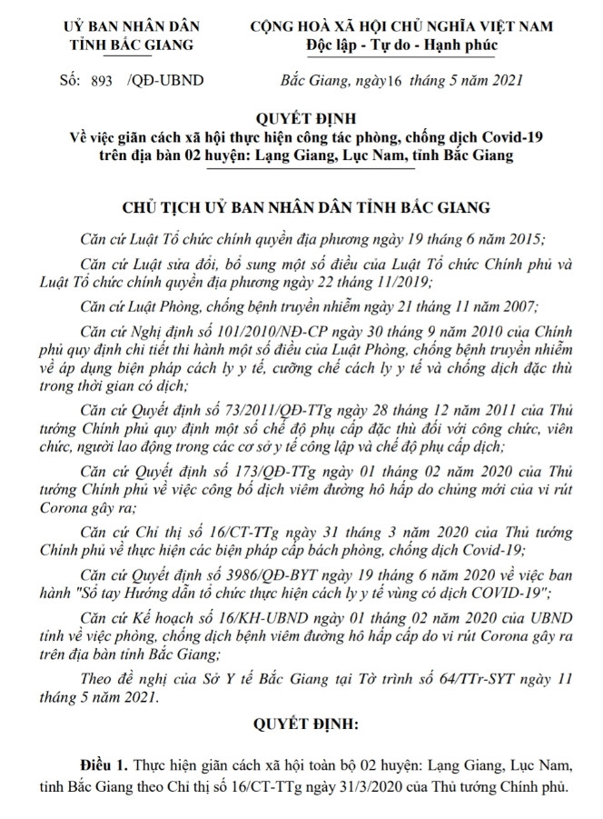 Bắc Giang giãn cách xã hội thêm 2 huyện Lục Nam và Lạng Giang