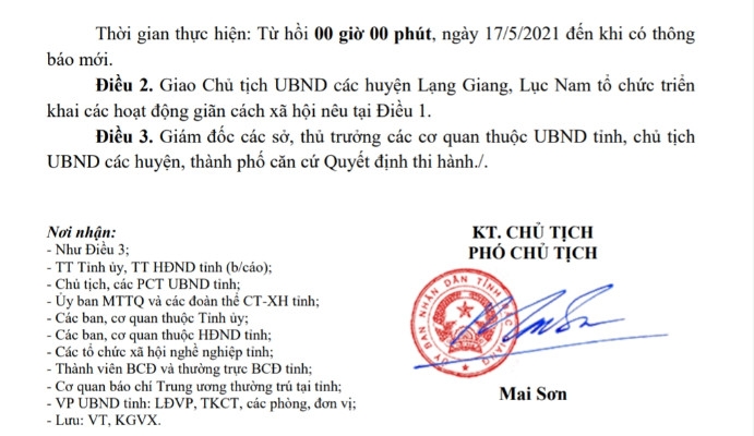 Bắc Giang giãn cách xã hội thêm 2 huyện Lục Nam và Lạng Giang