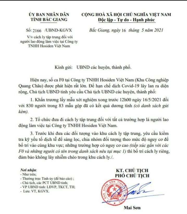 Bắc Giang cách ly tập trung tất cả các lao động làm việc tại Công ty TNHH Hosiden Việt Nam
