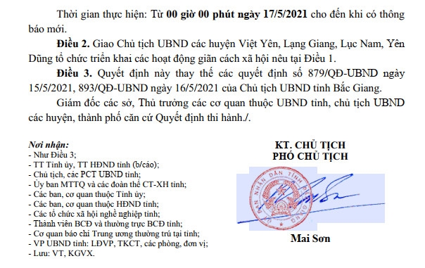 Bắc Giang giãn cách xã hội 4 huyện theo Chỉ thị 15 của Thủ tướng