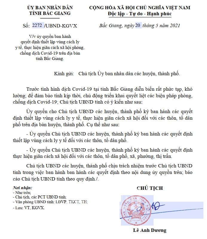 Uỷ quyền của Chủ tịch UBND tỉnh Bắc Giang cho Chủ tịch các huyện, thành phố trong tỉnh Bắc Giang được ra quyết định cách ly y tế và giãn cách xã hội trong địa bàn mình quản lý