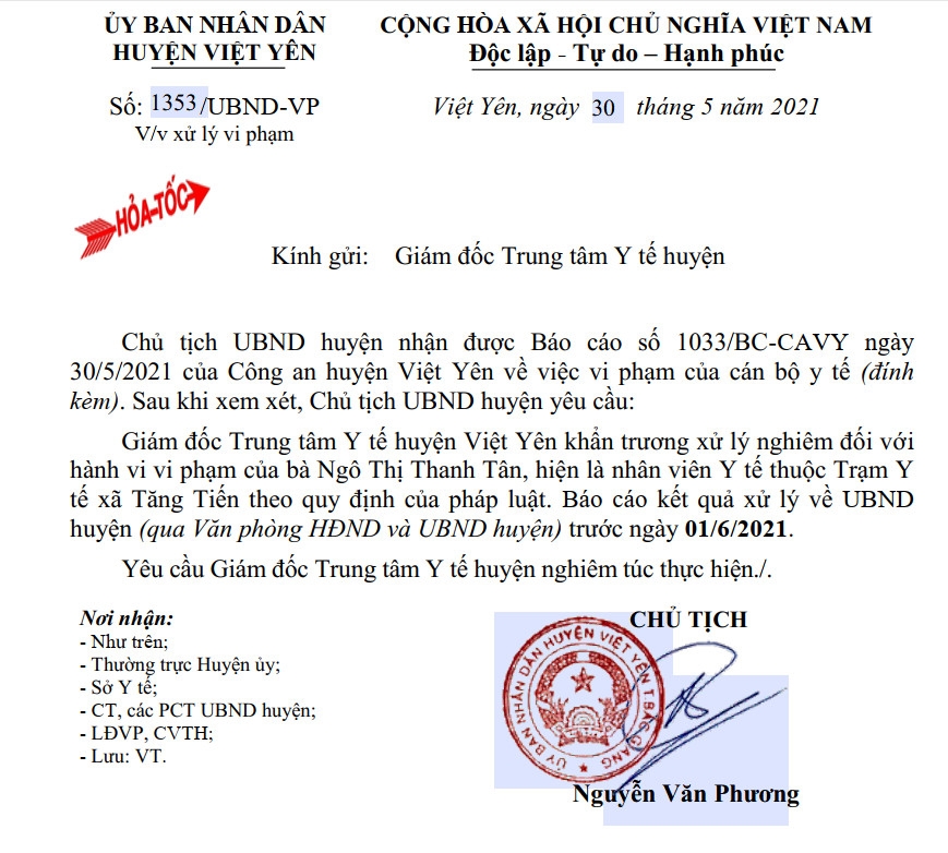 Chủ tịch UBND huyện Việt Yên chỉ đạo xử lý nghiêm nữ nhân viên Y tế không chuẩn mực khi làm nhiệm vụ