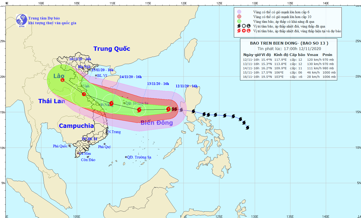 Bão số 13 (Vamco) ầm ầm tiến vào biển Đông, vùng bị ảnh hưởng 250km tính từ tâm bão