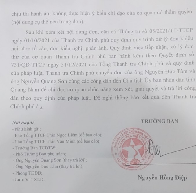 Công văn của Thanh tra Chính phủ gửi Chủ tịch UBND tỉnh Quảng Nam