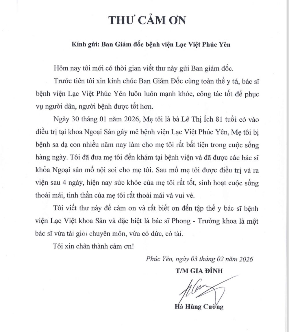 Thư cảm ơn của người nhà bệnh nhân gửi tới đội ngũ y bác sĩ Bệnh viện Hữu nghị Lạc Việt Phúc Yên.