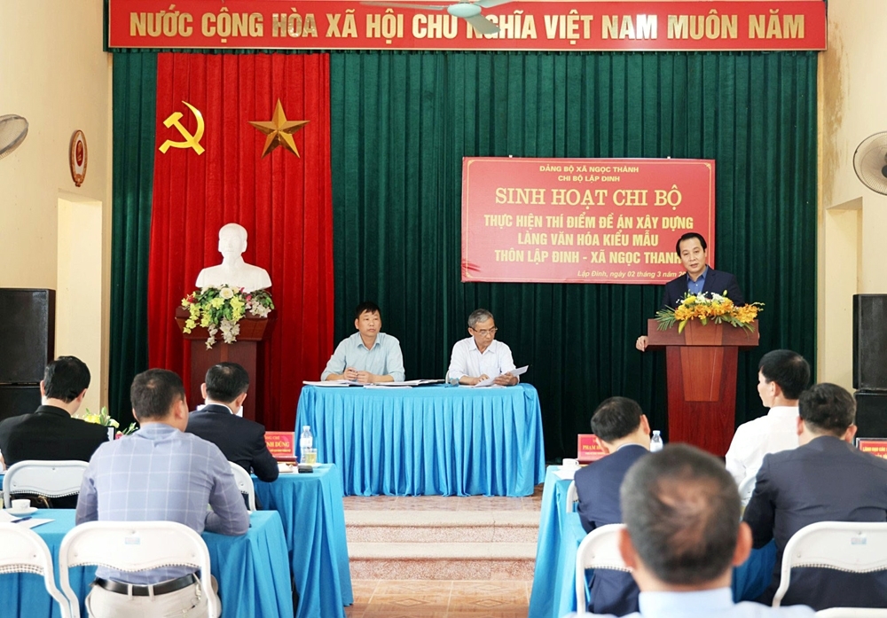 Phó Bí thư Thường trực Tỉnh ủy Phạm Hoàng Anh phát biểu tại buổi sinh hoạt Chi bộ thôn Lập Đinh.
