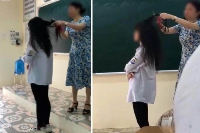 Vụ cô giáo cắt tóc học sinh ngay trên bục giảng gây xôn xao dư luận. (Ảnh cắt từ clip)