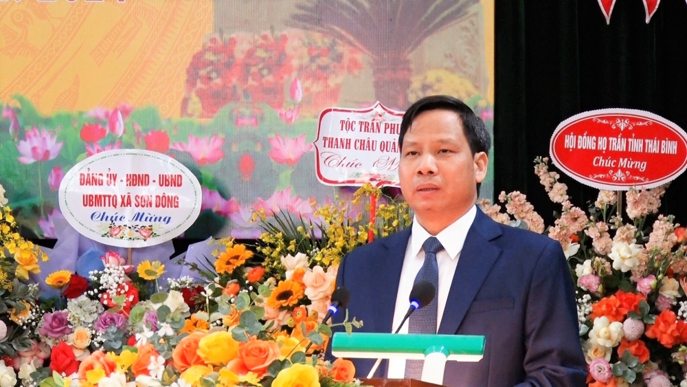 Đồng chí Lê Quang Nghiệp, TUV, Bí thư Huyện ủy Lập Thạch phát biểu chúc mừng tại Đại hội đại biểu dòng họ Trần Nguyên Hãn lần thứ III, nhiệm kỳ 2024-2029