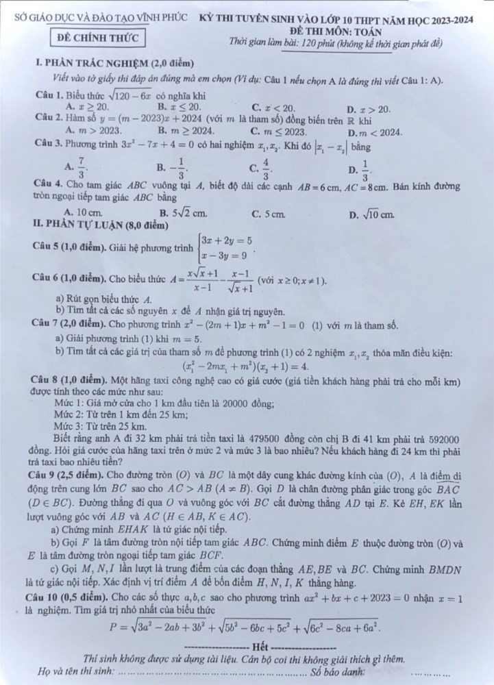 Đề thi Toán vào lớp 10 THPT năm 2023 của Vĩnh Phúc