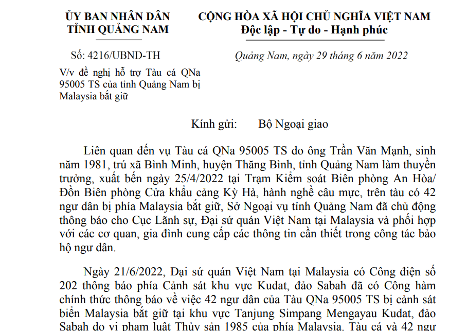 Công văn gửi Bộ Ngoại giao của UBND tỉnh Quảng Nam
