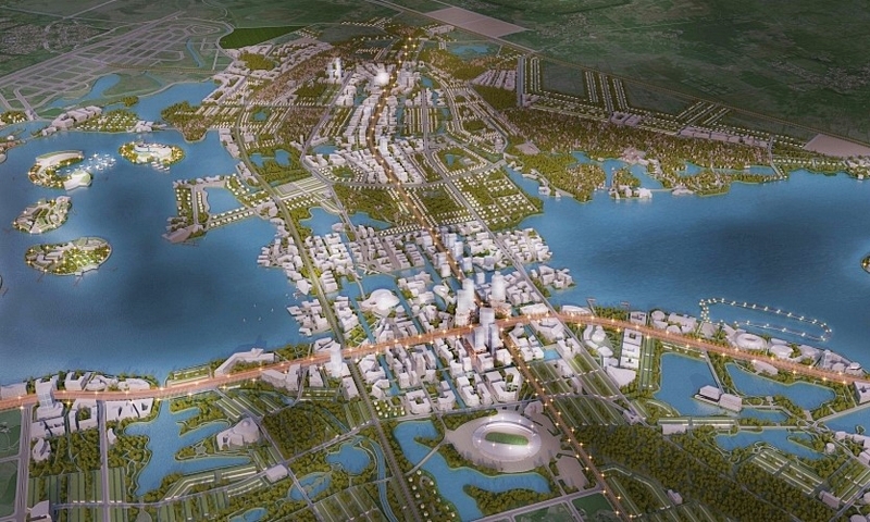 Phối cảnh quy hoạch phân khu B1 phát triển đô thị du lịch xung quanh hồ điều hòa thuộc huyện Bình Xuyên, Yên Lạc và thành phố Vĩnh Yên.