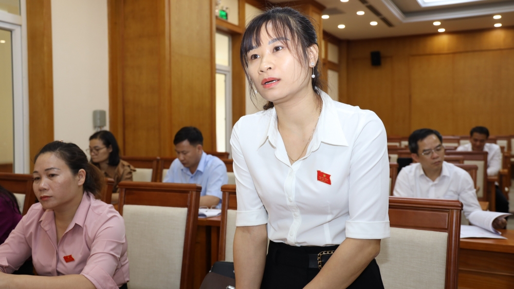 Đại biểu Nguyễn Thị Xuyến, Tổ đại biểu huyện Yên Lạc cho ý kiến tại phiên thảo luận