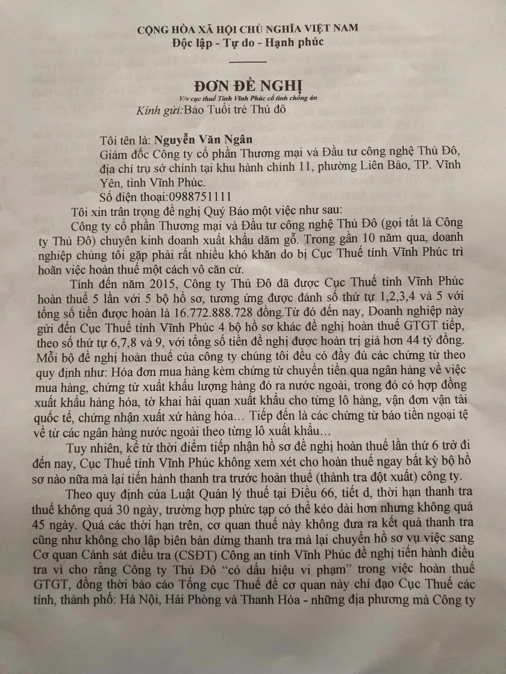 Doanh nghiệp "kêu cứu" vì Cục thuế Vĩnh Phúc chưa được hoàn thuế