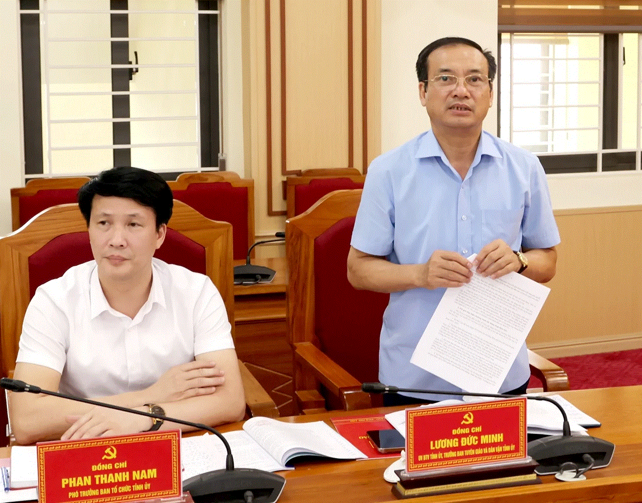 Đồng chí Lương Đức Minh, Ủy viên BTV Tỉnh ủy, Trưởng Ban Tuyên giáo và Dân Vận Tỉnh ủy phát biểu tại buổi kiểm tra