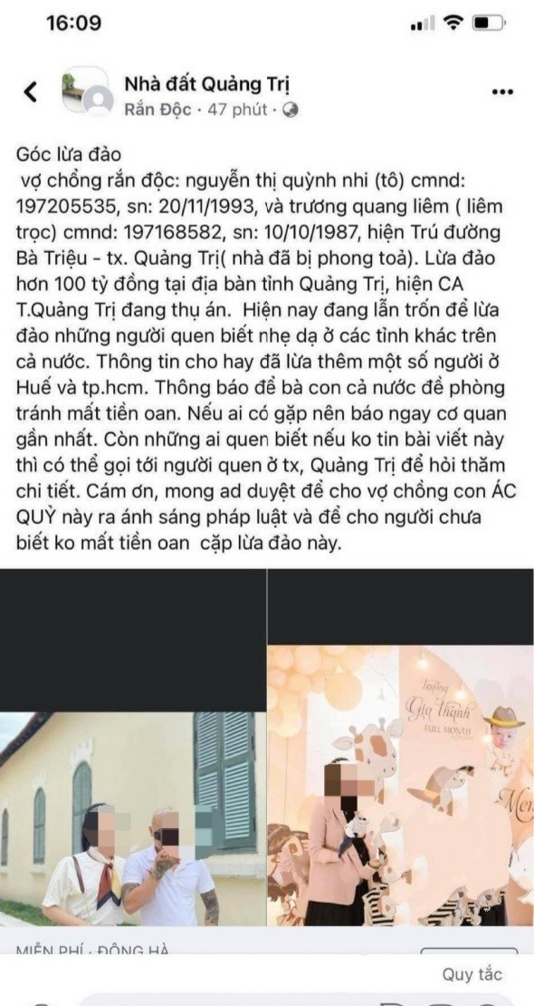 Trước đó, người dân đưa thông tin của cặp vợ chồng này lên mạng xã hội để cánh báo người khác