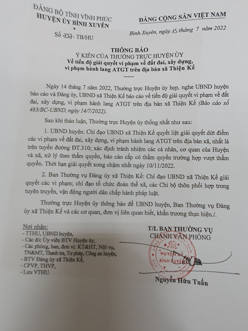 Nhiều văn bản chỉ đạo xử lý đất đai xã Thiện Kế