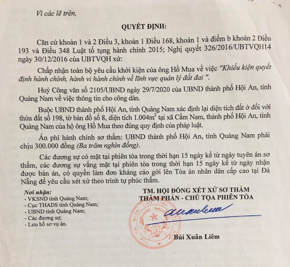 Mặc dù bản án đã có hiệu lực, nhưng UBND TP Hội An vẫn viện dẫn văn bản không phải là văn bản quy phạm pháp luật để không thi hành bản án