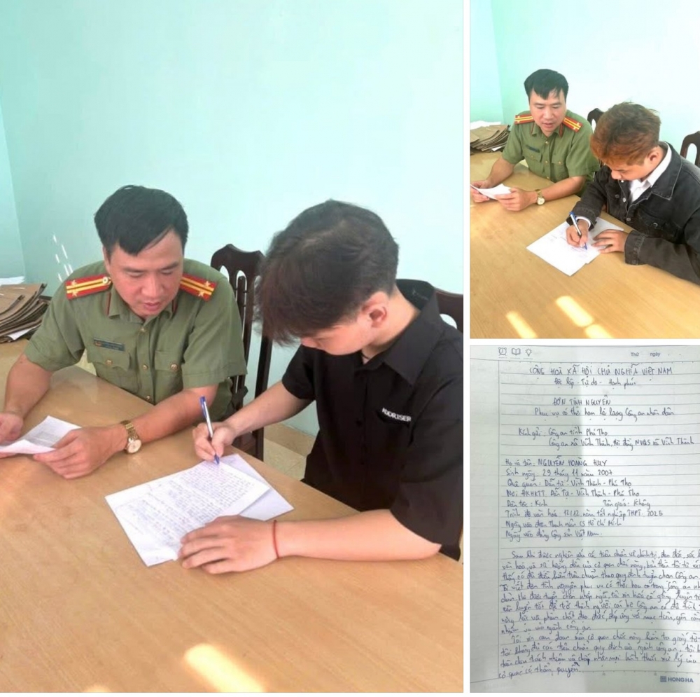 Hai thanh niên xã Vĩnh Thành (Phú Thọ) viết đơn tình nguyện tham gia nghĩa vụ Công an nhân dân, thể hiện tinh thần xung kích của tuổi trẻ, sẵn sàng cống hiến sức trẻ cho sự nghiệp bảo vệ Tổ quốc