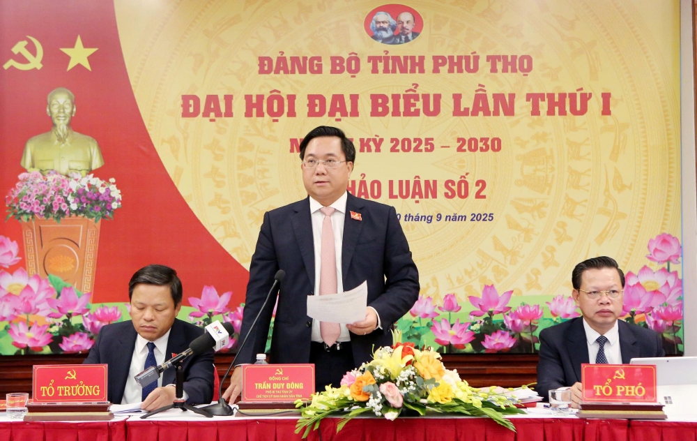 Đồng chí Trần Duy Đông - Phó Bí thư Tỉnh ủy, Chủ tịch UBND tỉnh, Bí thư Đảng ủy UBND tỉnh phát biểu tại Tổ thảo luận số 2