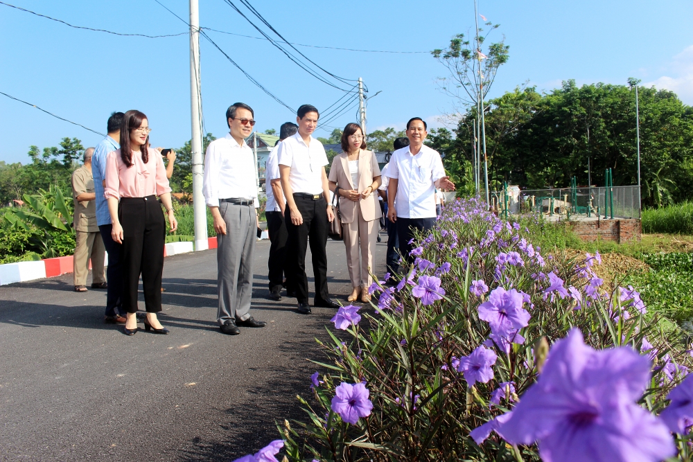 Các đại biểu thăm quan mô hình xây dựng nông thôn mới nâng cao, thôn dân cư kiểu mẫu tại xã Hoàng Hoa. Ảnh: Dương Hà