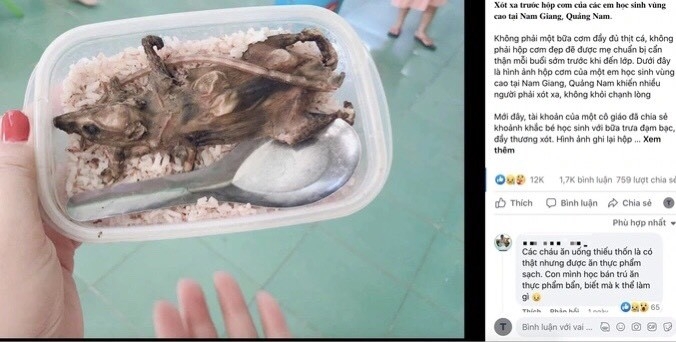 Hình ảnh lan truyền trên mạng xã hội học sinh huyện Nam Giang (Quảng Nam) chỉ ăn cơm trắng với thịt chuột là không đúng sự thật