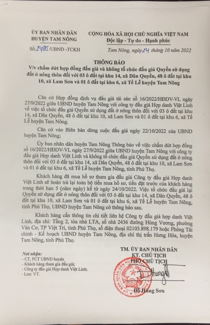 UBND huyện Tam Nông cho biết, chấm dứt hợp đồng với Công ty đấu gia hợp danh Việt Linh và không tổ chức đấu giá lại quyền sử dụng đất ở nông thôn với 52 ô đất trên.