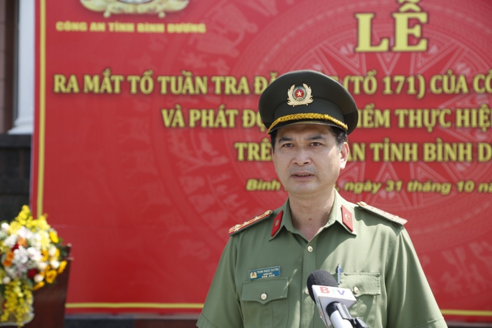 Đại tá Trịnh Ngọc Quyên, Giám đốc Công an tỉnh Bình Dương phát biểu tại buổi lễ