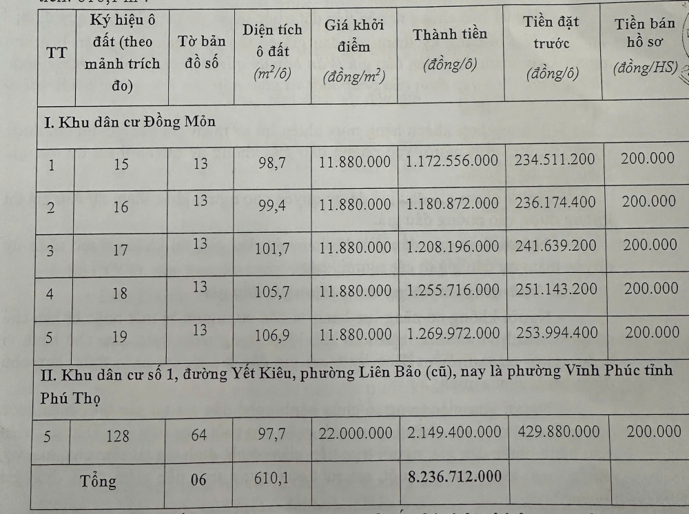 Thông tin các ô đất đấu giá.