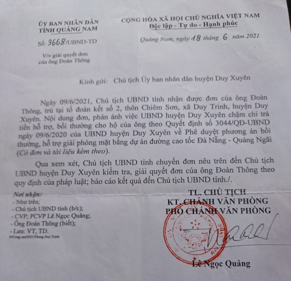 Văn bản trả lời đơn công dân của UBND tỉnh Quảng Nam (Ảnh: V.Q)