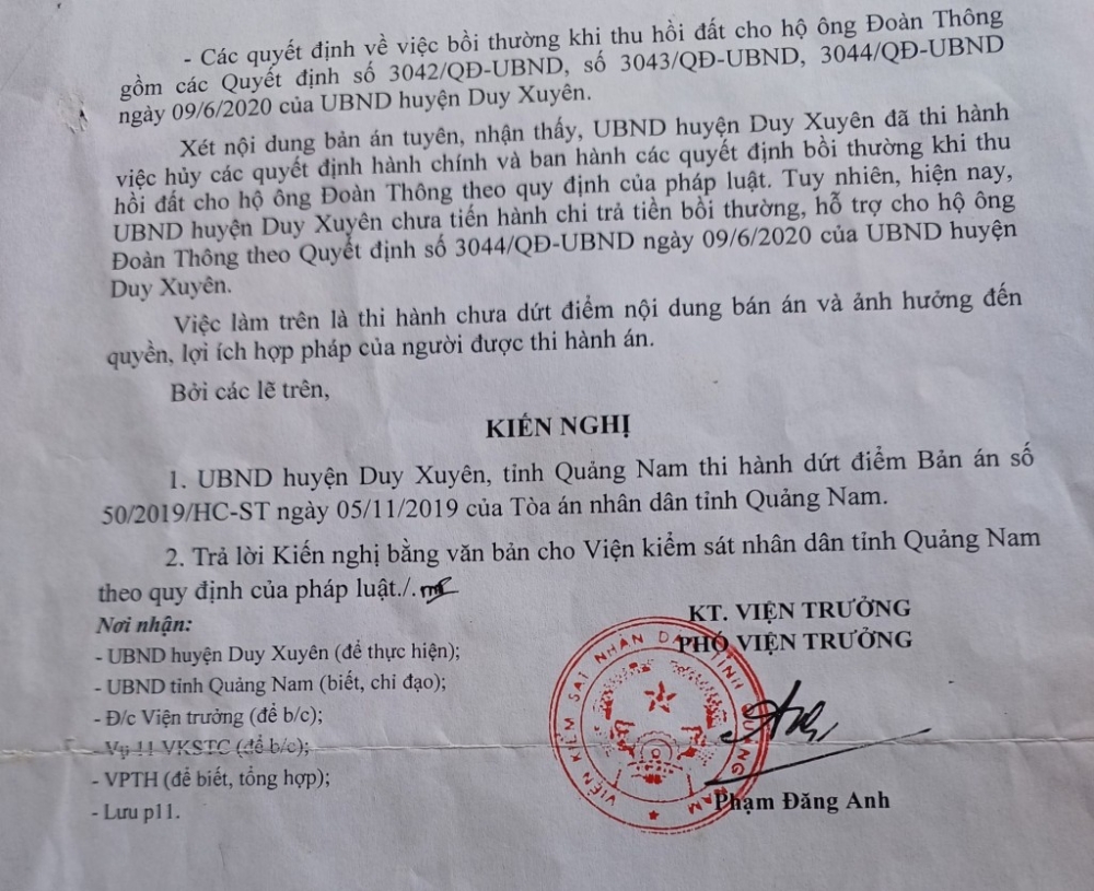 Văn bản kiến nghị thi hành án hành chính của VKSND tỉnh Quảng Nam (Ảnh: V.Q)