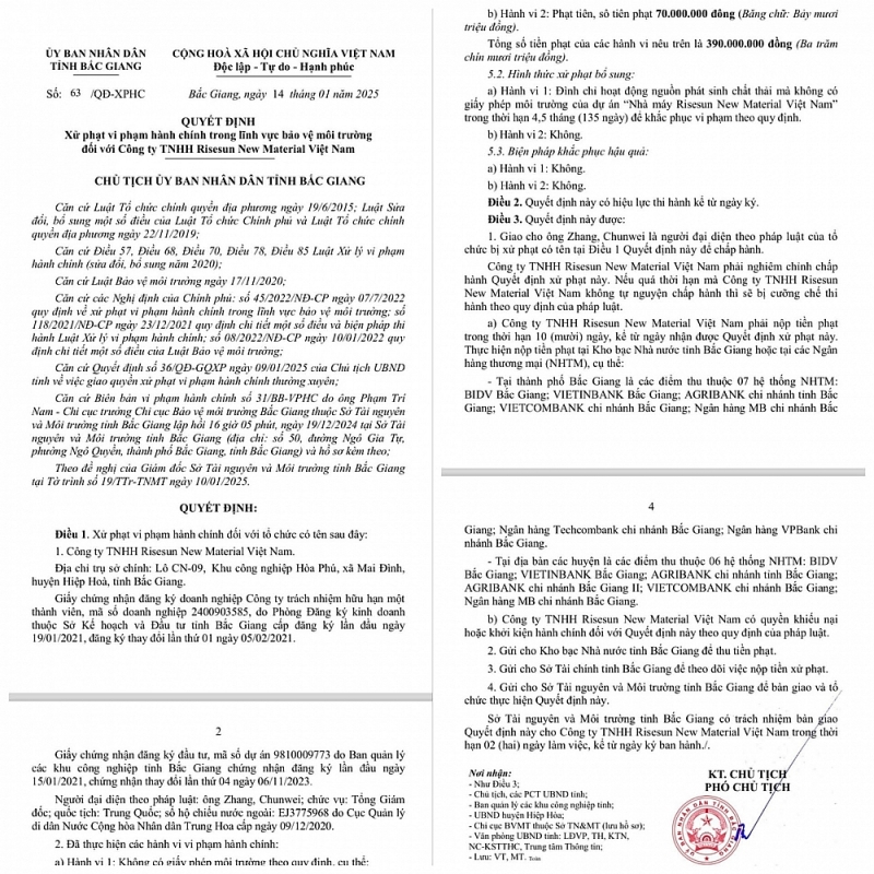 Bắc Giang: Công ty TNHH Risesun New Material Việt Nam bị phạt 390 triệu đồng